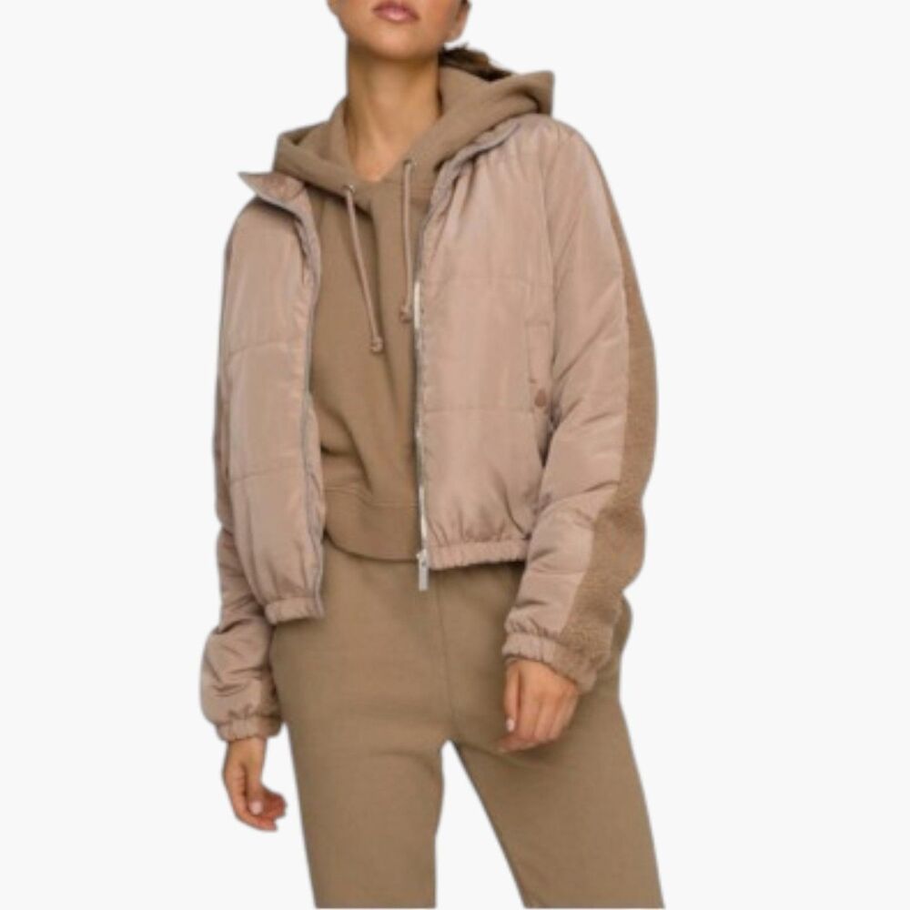 Good American Taupe Sherpa Teddy Jacket Polyester Quilted Puffer, Women Sz 5/XXL
